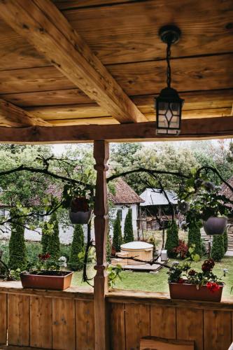 a wooden pergola with potted plants and a lamp at Lazar Guesthouse in Şiclod