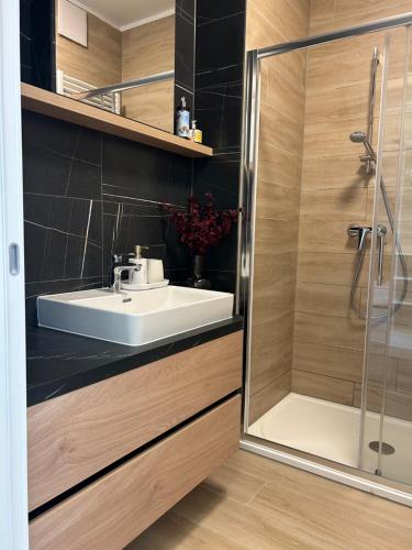 a bathroom with a sink and a shower at Atelier 35 Studio in Zagreb