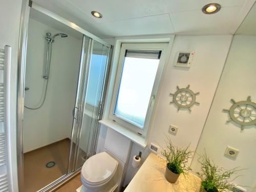 baño con ducha y aseo y ventana en Het VaarHuis - Beachclub Sneek en Offingawier