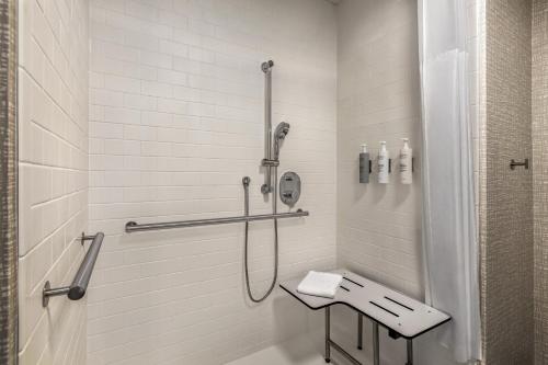 a bathroom with a shower and a sink at Hampton Inn & Suites San Mateo-San Francisco Airport in San Mateo