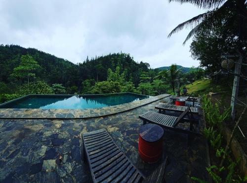 una piscina de agua con bancos y árboles en Jansen’s Bungalow Sinharaja Rainforest Retreat, en Kudawe