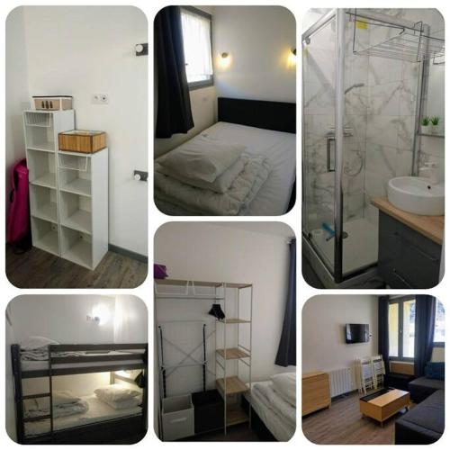 un collage de quatre photos d'une chambre et d'une salle de bains dans l'établissement Appart 4-6 pers au pied des pistes - Val Louron, à Val Louron