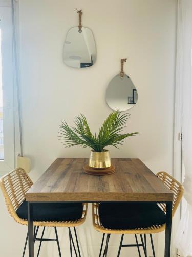 - une table à manger avec une plante en pot dans l'établissement Nancy Gare - Studio Haut de gamme, à Nancy