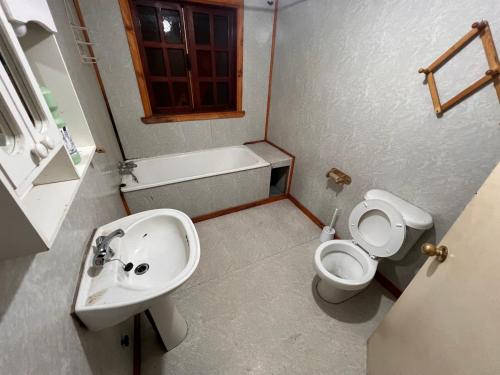 Baño pequeño con lavabo y aseo en Refugio Austral Ensenada, en Puerto Varas