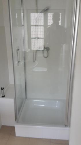 a shower with a glass door in a bathroom at FEWO 4, Schloss-Park-Residenz, Lindenalle 23, 18230 Ostseebad Rerik OT Blengow in Rerik