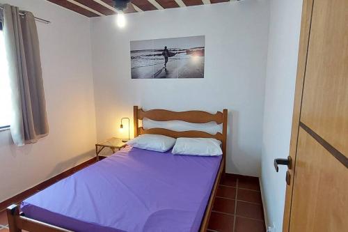 ein Schlafzimmer mit einem Bett mit violetter Bettwäsche und einem Bild an der Wand in der Unterkunft Morada do sol Cabo Frio in Cabo Frio