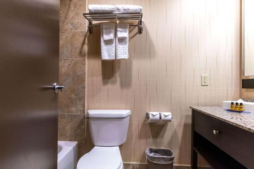 a bathroom with a toilet and towels on the wall at Best Western Plus South Edmonton Inn & Suites in Edmonton
