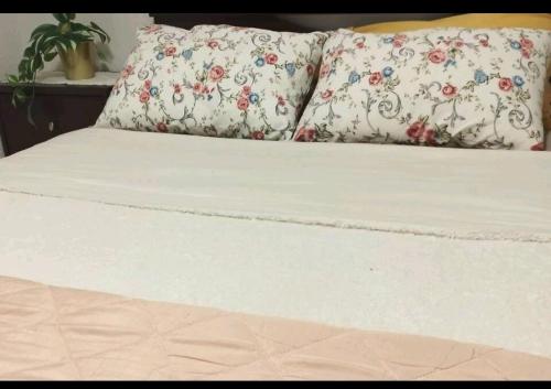 uma cama branca com duas almofadas em cima em Evaggelia's Apartments 3 Διαμονή στο χωριό 