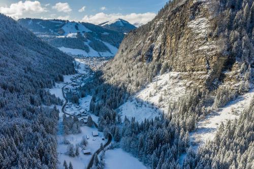 a snowy mountain with a river in the middle at Chalet Saint-Patrick - Le Convivial in Vars