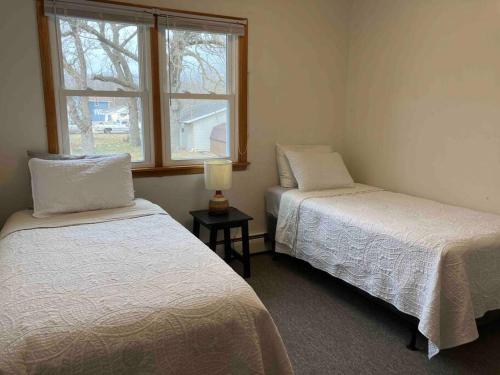 2 Betten in einem Zimmer mit Fenster in der Unterkunft Bass Creek's Apt B Front in Afton