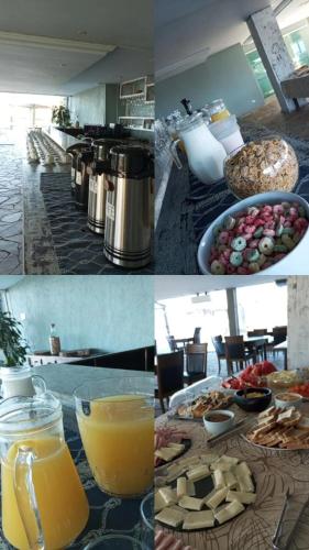 uma colagem de quatro fotos de comida e suco de laranja em Hotel Caieiras em Guaratuba