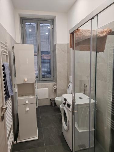 uma casa de banho com um WC e uma cabina de duche em vidro. em Appartamenti Lungo Fiume 506 em Sesto Calende