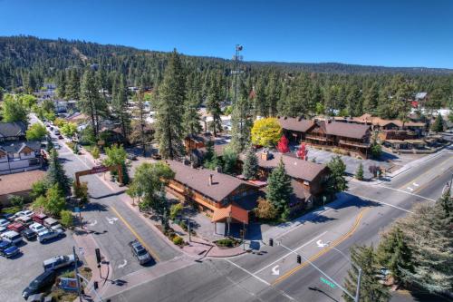 an aerial view of a small town with a street at Robinhood Resort in Big Bear Lake