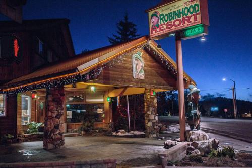 a restaurant with a sign in front of it at Robinhood Resort in Big Bear Lake