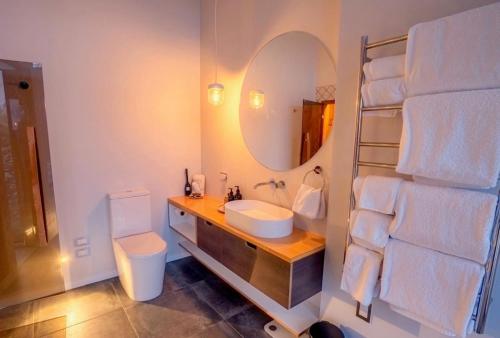 a bathroom with a sink and a mirror and a toilet at Kārearea Lakehouse at Lake Pukaki in Lake Pukaki