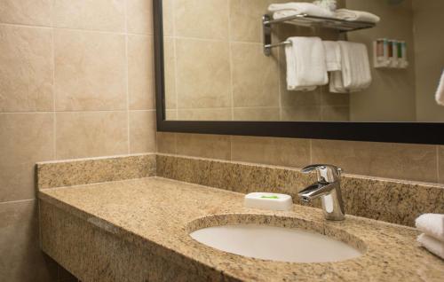 La salle de bains est pourvue d'un lavabo et d'un miroir. dans l'établissement Pear Tree Inn Cape Girardeau Medical Center, à Cap-Girardeau