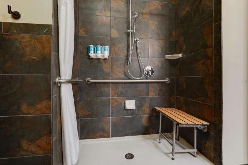 a bathroom with a shower with a bench in it at Drury Plaza Hotel New Orleans in New Orleans