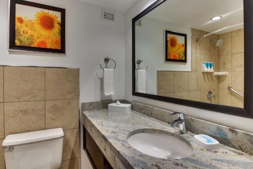 a bathroom with a sink and a toilet and a mirror at Drury Inn & Suites Poplar Bluff in Poplar Bluff