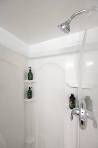 a bathroom with a shower with green bottles on shelves at Croquet - Fire Pit - Central Location in Bloomington