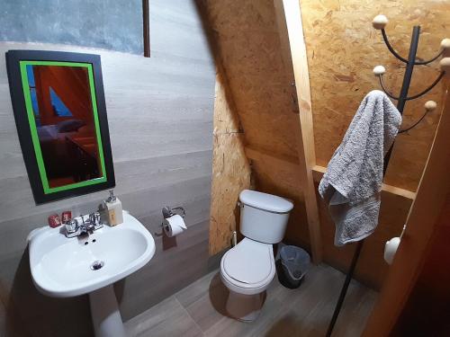 a bathroom with a white toilet and a sink at Glamping Cabaña el Porvenir 10601 in Manta