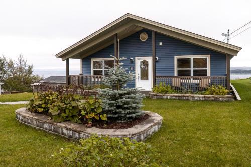 a small blue house with a garden in front of it at Belle Vue Cottage - Upper Island Cove in Upper Island Cove