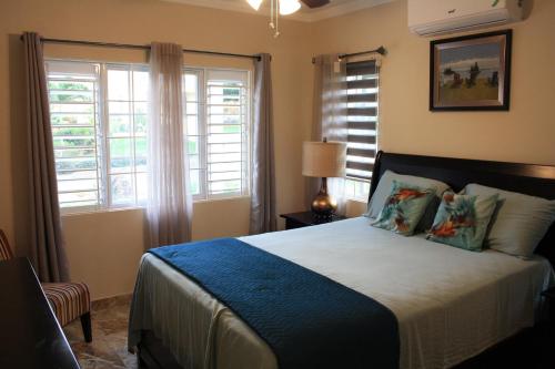 a bedroom with a bed and two windows at Soleil Palm View Villa in Priory