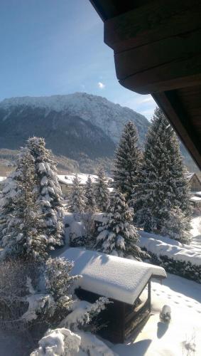 a bench covered in snow with trees and a mountain at Gästehaus Geist Inkl, Chiemgau Karte in Ruhpolding