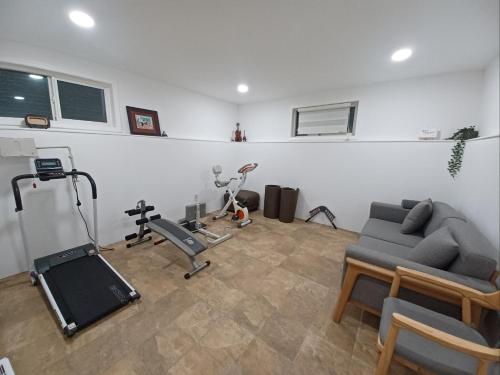 a living room with a couch and a gym at All In One Guesthouse in Incheon