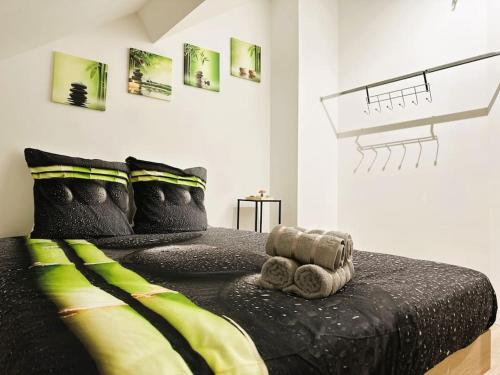 アミアンにあるL'Airzenity ~ Chill ~ Proche Gare ~ WiFiのベッドルーム1室(黒い掛け布団付きのベッド1台付)