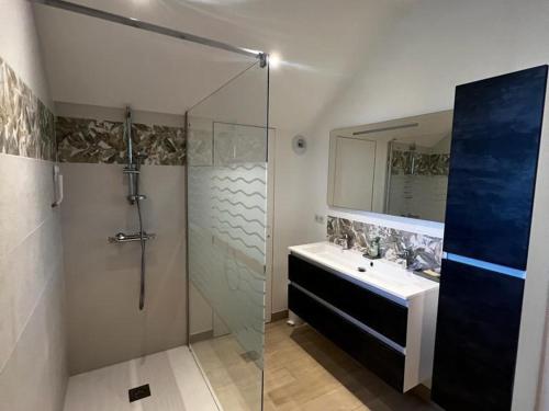 La salle de bains est pourvue d'une douche en verre et d'un lavabo. dans l'établissement Gîte Prats-de-Carlux, 4 pièces, 6 personnes - FR-1-616-331, à Prats-de-Carlux