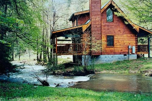 a log cabin in the woods with a pond in front at Creekside cabin in Townsend
