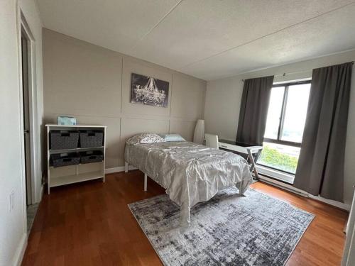 a bedroom with a bed and a rug at S 1 Bedroom Downtown Stamford in Stamford