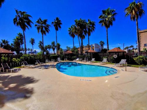 a large swimming pool with chairs and palm trees at Surfside I 310 Condominium Condo in South Padre Island