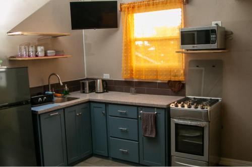 a small kitchen with blue cabinets and a microwave at Comfi Spaces in Canaan