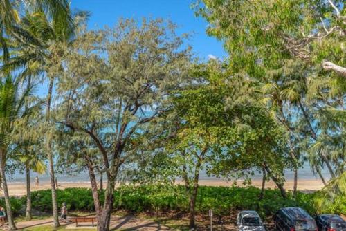 a group of cars parked next to a beach with trees at Sarayi Boutique Hotel in Palm Cove