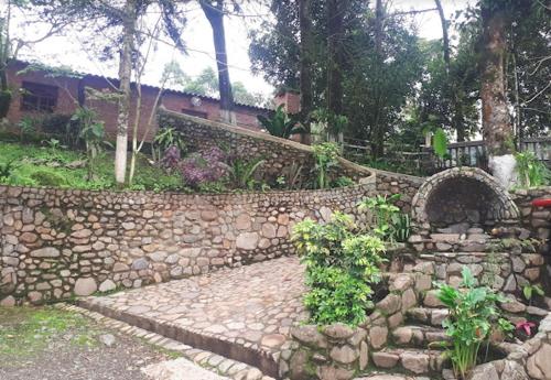 una pared de piedra con un camino de piedra y plantas en Rancho los Emilios en Alausí