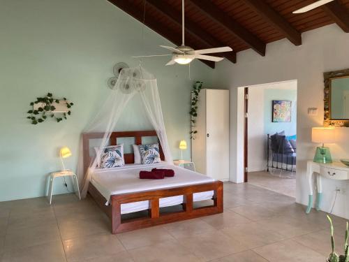 1 dormitorio con 1 cama y ventilador de techo en Villa San Sebastian Curaçao en Fontein