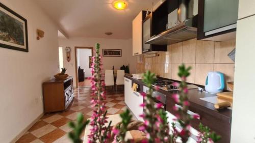 une cuisine avec des fleurs roses au premier plan dans l'établissement Apartments Marin - amazing sea view, à Splitska
