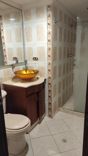 a bathroom with a sink and a toilet and a shower at Habitación sencilla y central #6 in Medellín