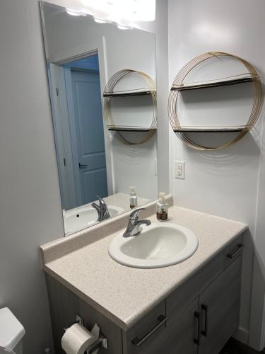 a bathroom with a sink and a mirror at Panel Apartment in Winnipeg