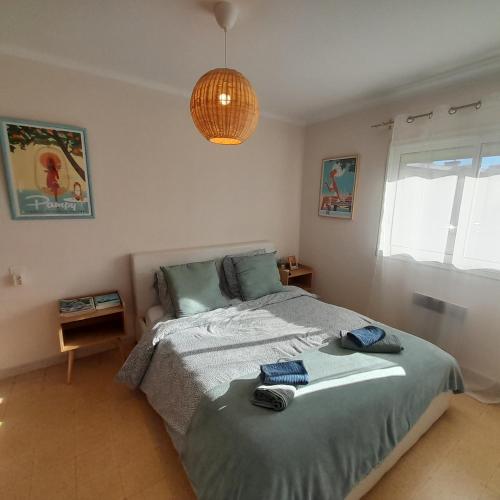 - une chambre avec un lit et une lampe pendant dans l'établissement Joli T2 bord de mer à 2mn du marché de Sanary, à Six-Fours-les-Plages