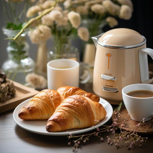 B&B THE SEA - Family Rooms - Free Parking في تروبيا: طاولة مع صحن من الكرواسون وكوب من القهوة