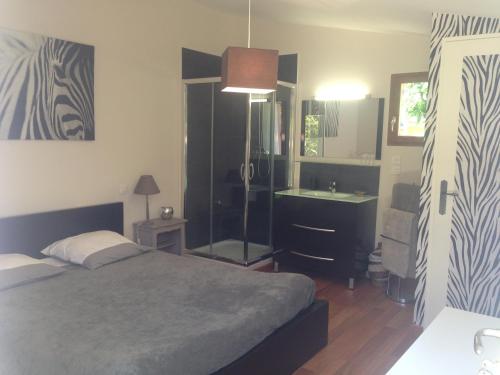 a bedroom with a bed and a desk and a mirror at Chez Calou in Mane