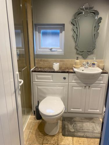 a bathroom with a white toilet and a sink at Palm View in Trowell