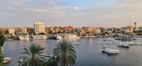 a view of a river with boats in a city at La Terrace in Aswan