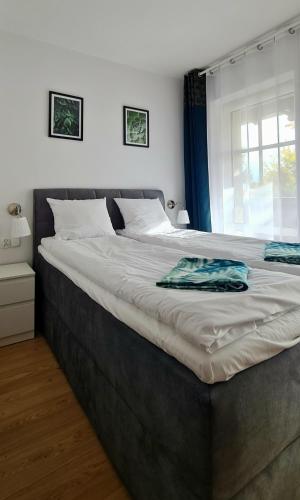 a large bed in a bedroom with a window at Apartamenty Dębowa 3 in Polanica-Zdrój