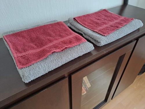 duas toalhas estão sentadas em cima de uma cómoda em Hero Avenue Apartment em Narva