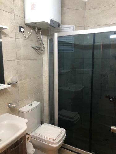 a bathroom with a toilet and a sink and a shower at Opus Apart Hotel in Kusadası