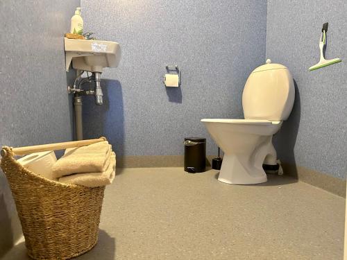 a bathroom with a toilet and a sink at Boathouse in city centre with harbour view in Tórshavn
