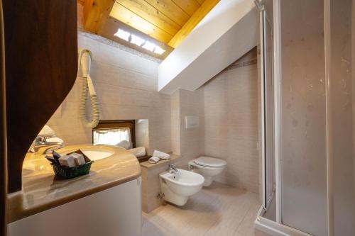 La salle de bains est pourvue de toilettes, d'un lavabo et d'une douche. dans l'établissement Hotel Bouton D'Or - Cogne, à Cogne